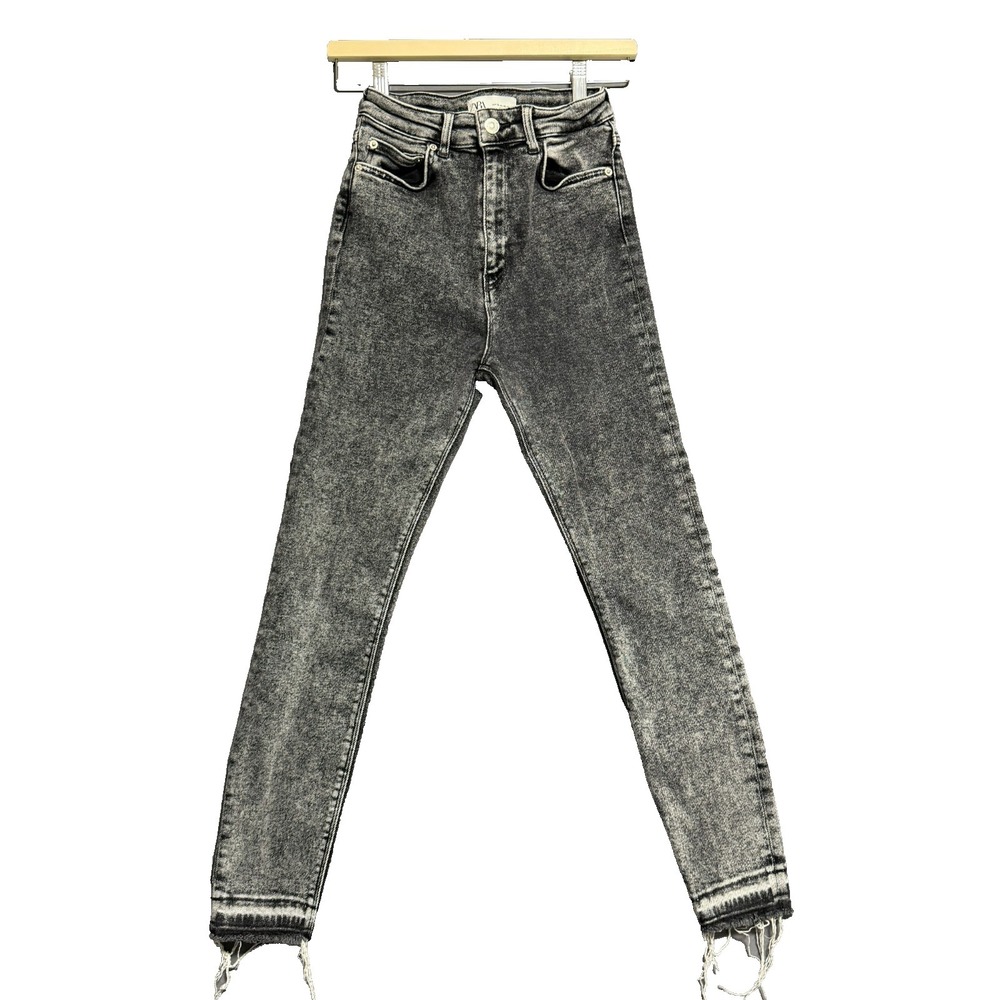 Zara High Waisted Skinny Jeans Grey Acid Wash Raw Hem Grunge Streetwear Size 6